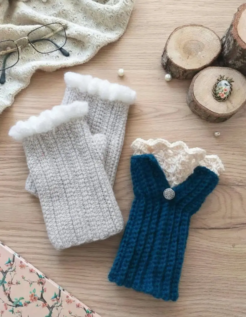 2in1 Fingerless Gloves Victorian - Ruffle Wrist Crochet Patterns Bundle