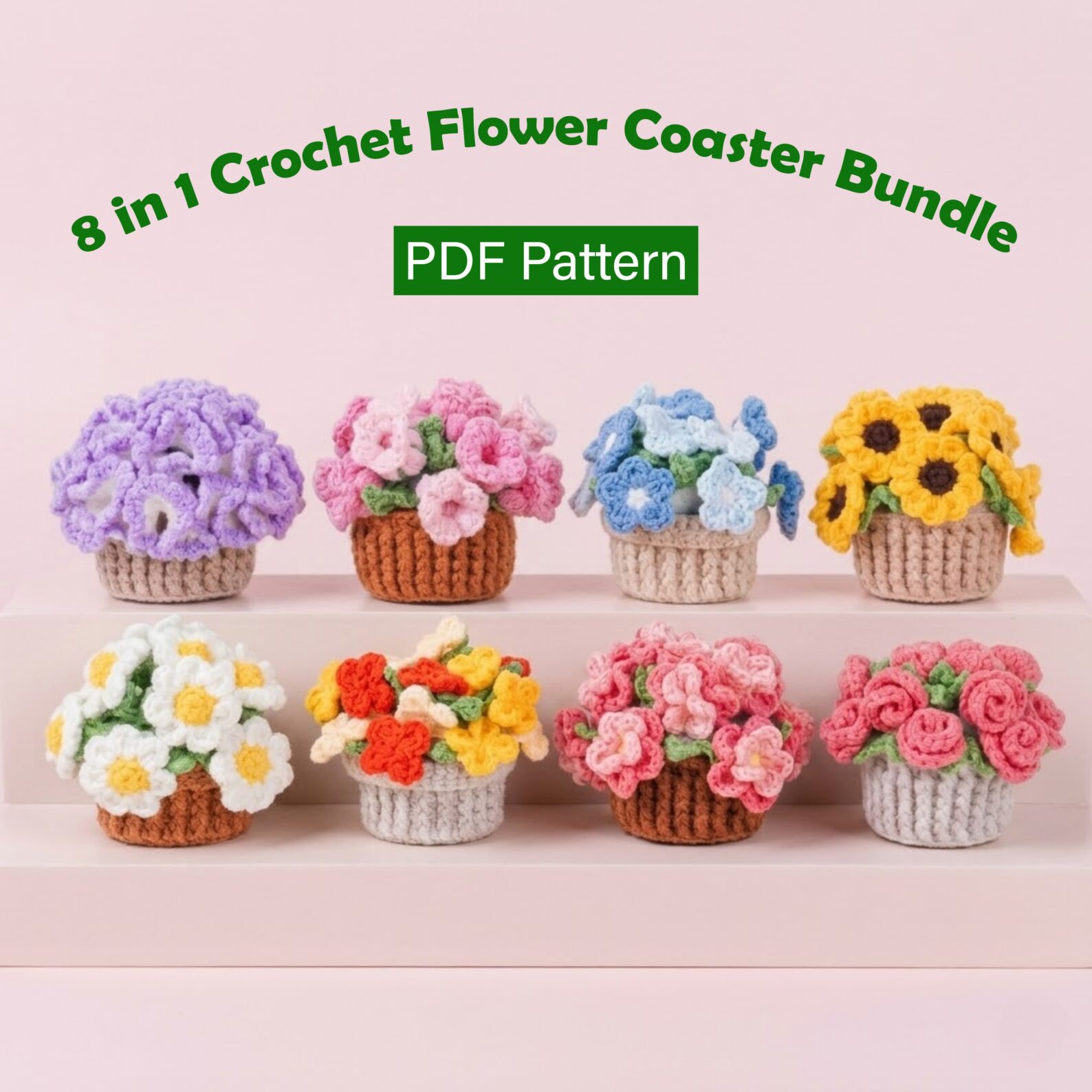 Colorful crochet flower coaster pattern bundle for handmade home decor
